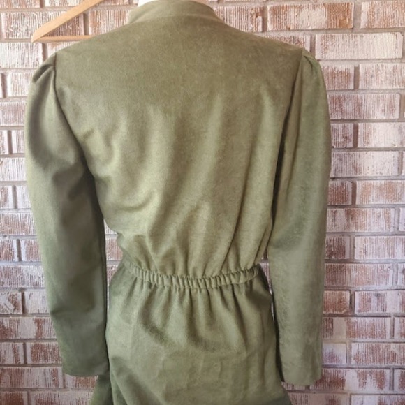 Vintage Green Wrap Dress Coral Trim Button Waist Pockets Long Sleeve Midi - Picture 6 of 6